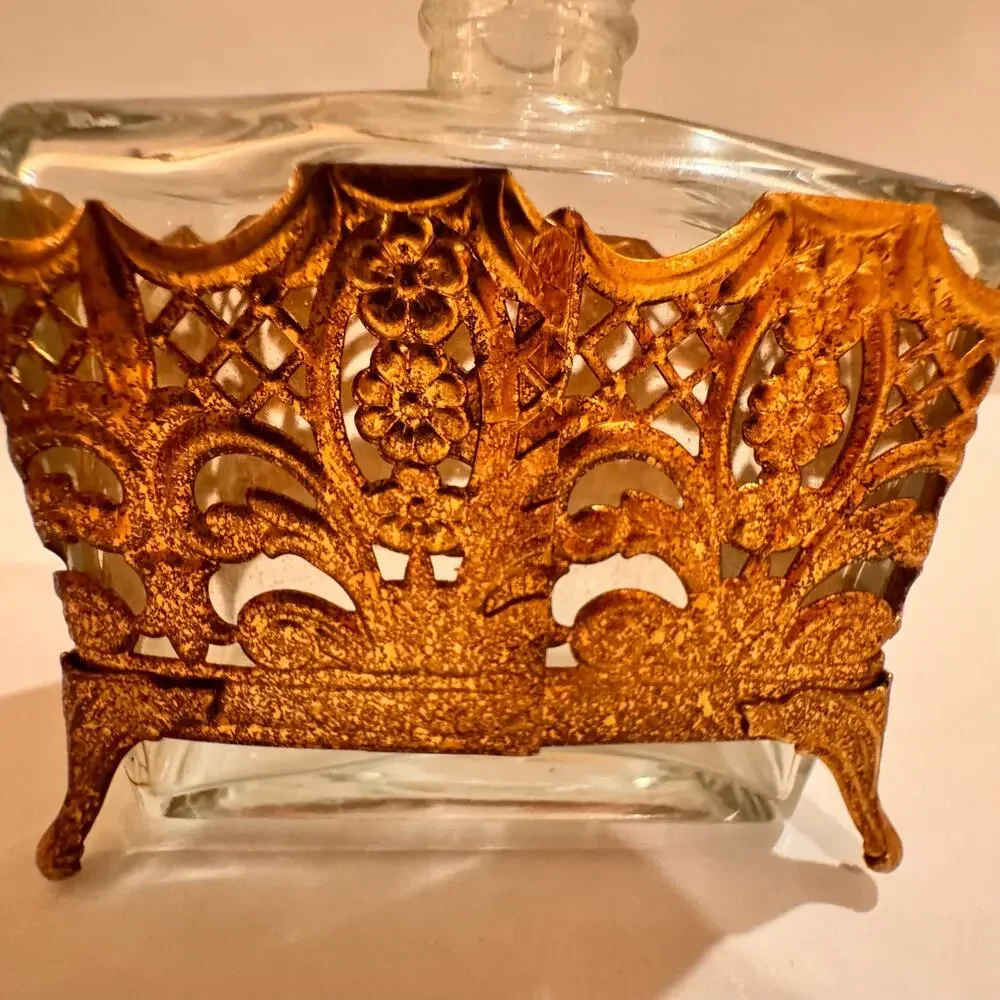 Vintage Perfume Bottle Ornate Footed Gold Filigree Cologne Vanity‎ No Perfume